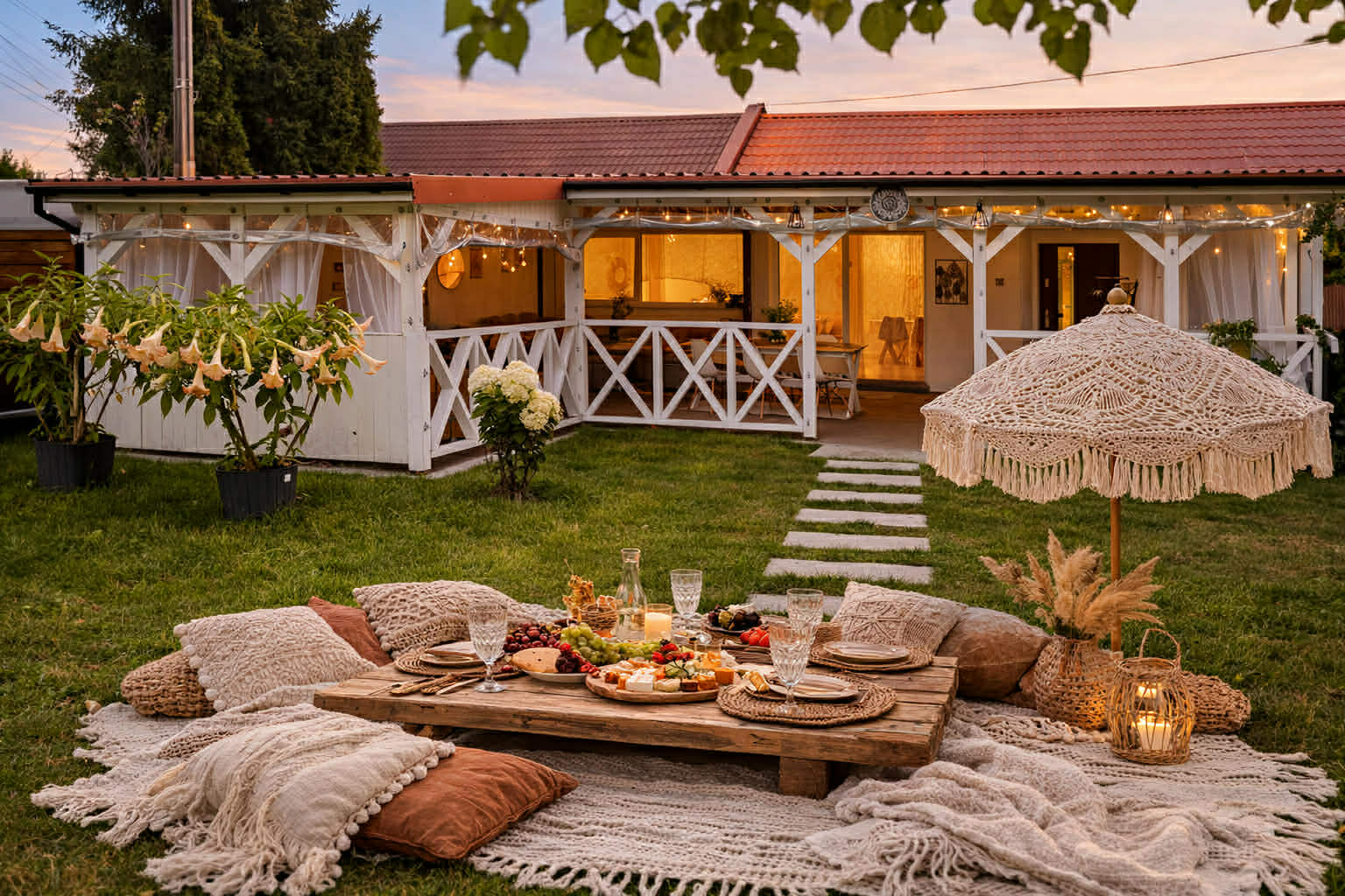 piknik w stylu boho w ogrodzie